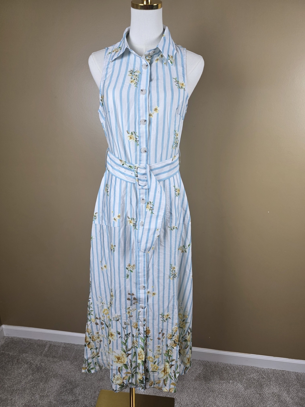 Floral Striped Sleeveless Belted Midi Dress - Picture 4 of 6